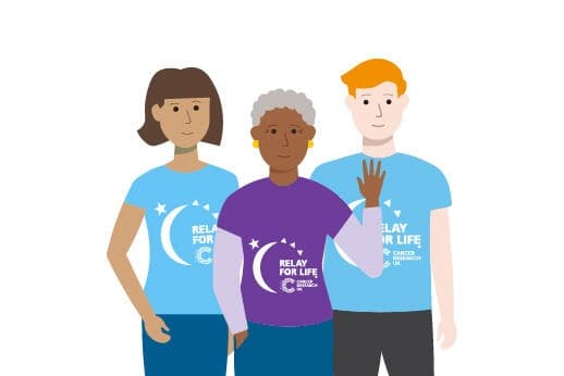 A digital illustration of 3 diverse people wearing Relay For Life shirts, with a blue circle featuring No1 in the corner.