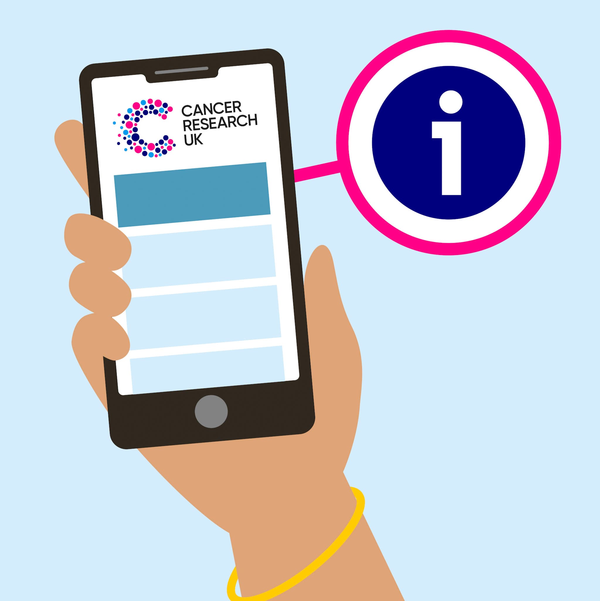 Illustration of a hand holding a mobile phone, showing a Cancer Research UK webpage.
