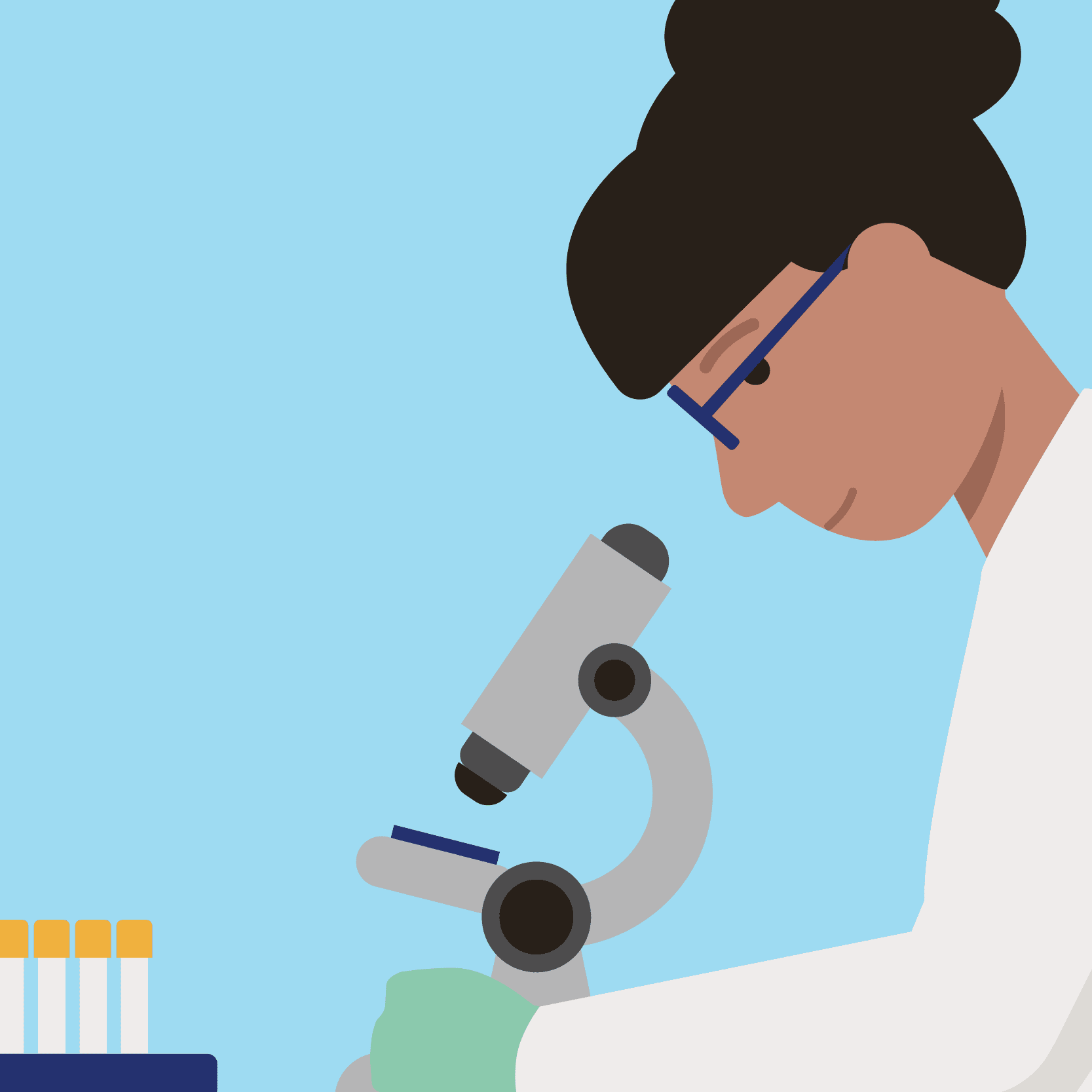 An illustration of a researcher looking through a microscope.