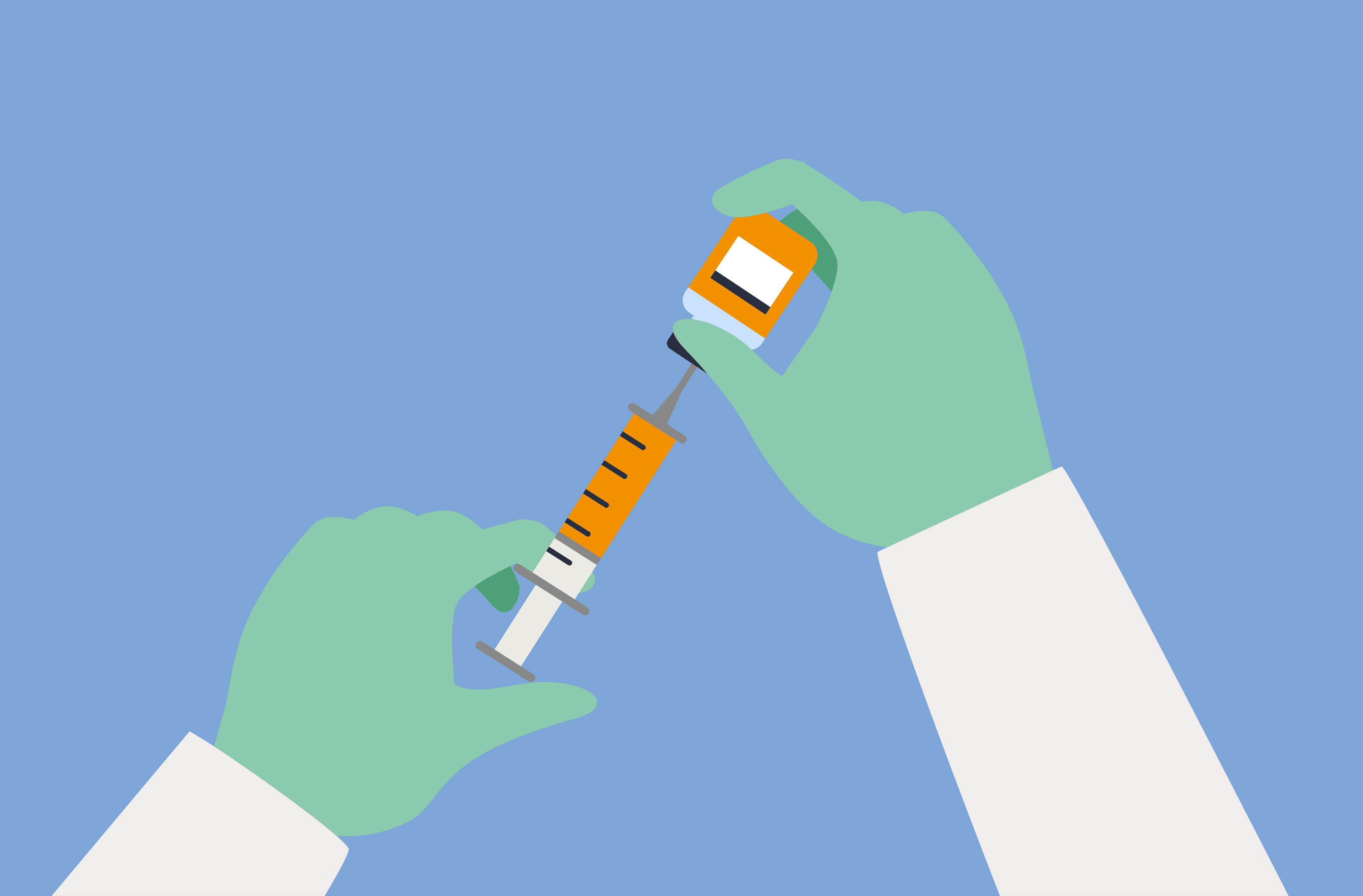 Illustration of researcher using a syringe to pull a vaccine from a bottle.