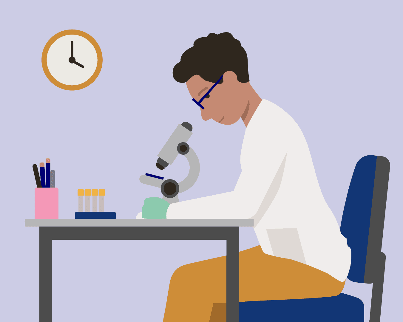 An illustration of a researcher sat at a desk looking into a microscope.